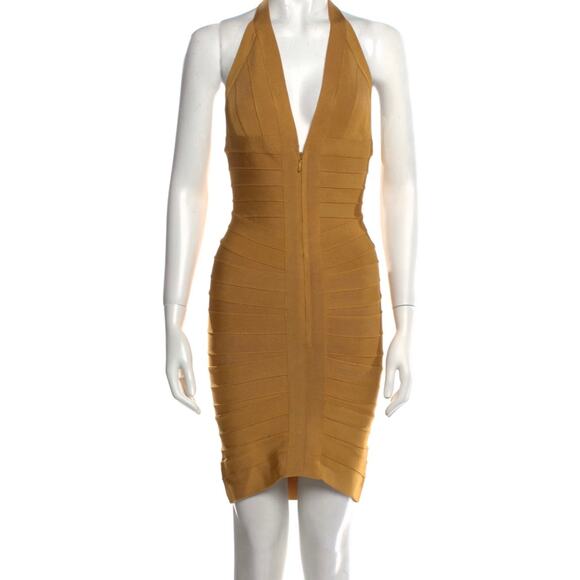 Herve Leger Bodycon Lilou Halter Dress HOI6R627 GOLDEN SUN/S - Picture 12 of 15